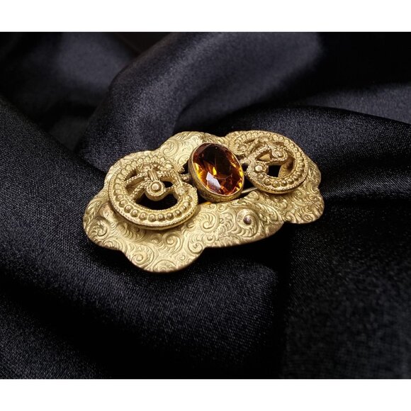 Antique Victorian Ornate Gold-Tone Brooch With Amber Glass Gemstone & Intricate - Picture 4 of 6